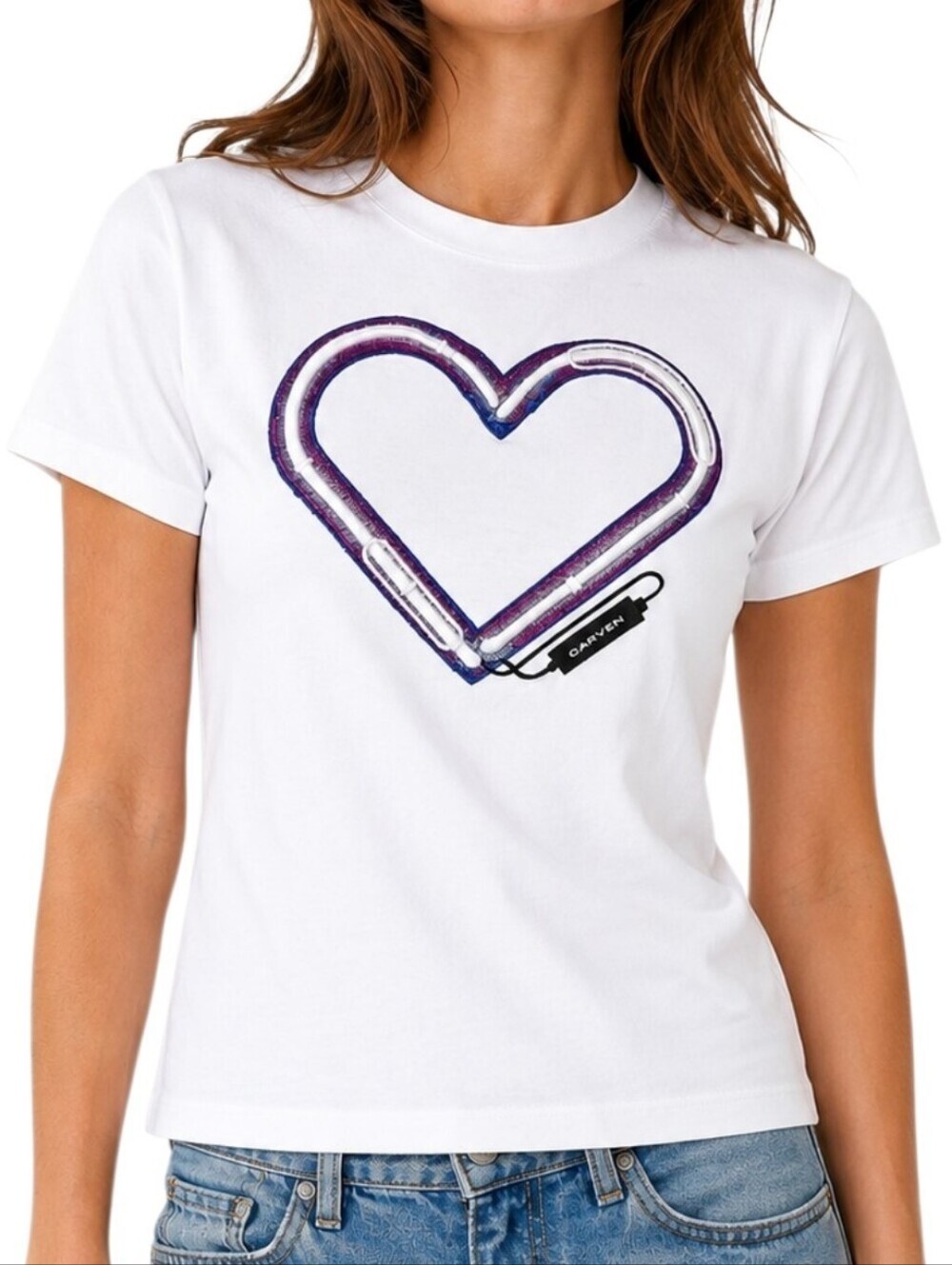 Carven Heart Graphic T Shirt Women Small White Embroidered Cotton